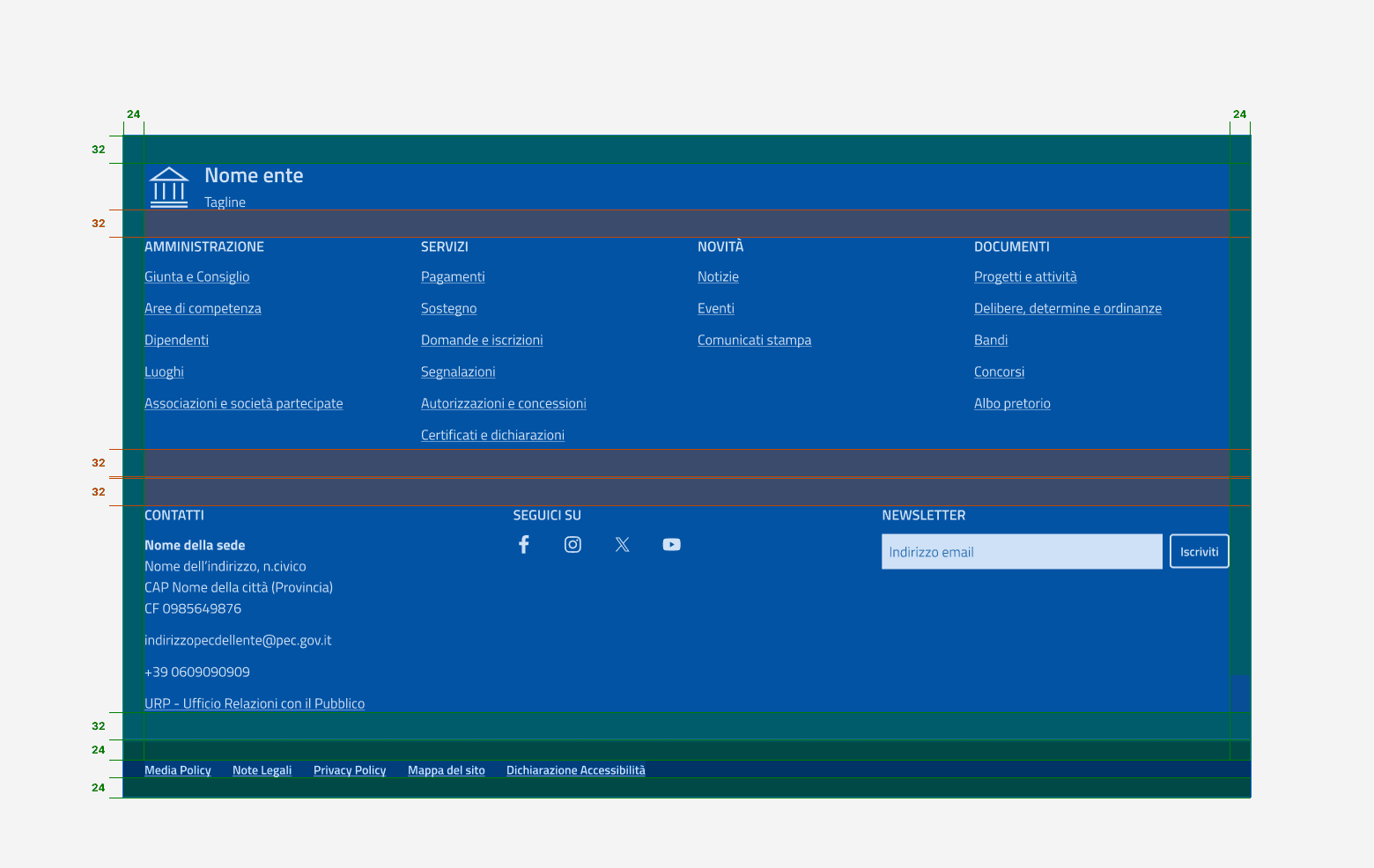 Il footer con la misura di tutte le spaziature